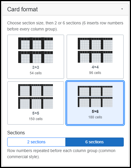 Card format with 2/6 sections